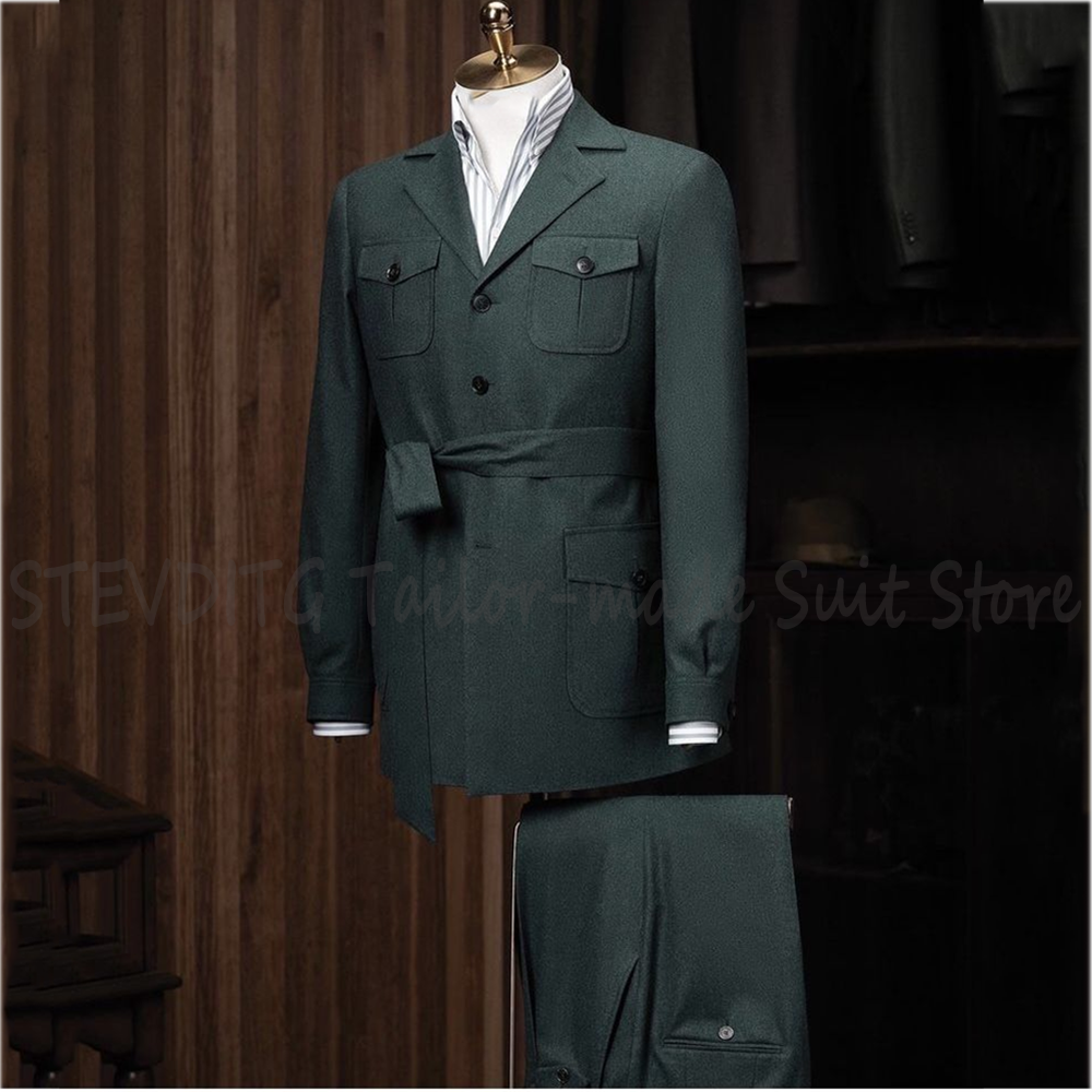 Men Formal Wear Pants - Safari Style Belted Men Suit 2