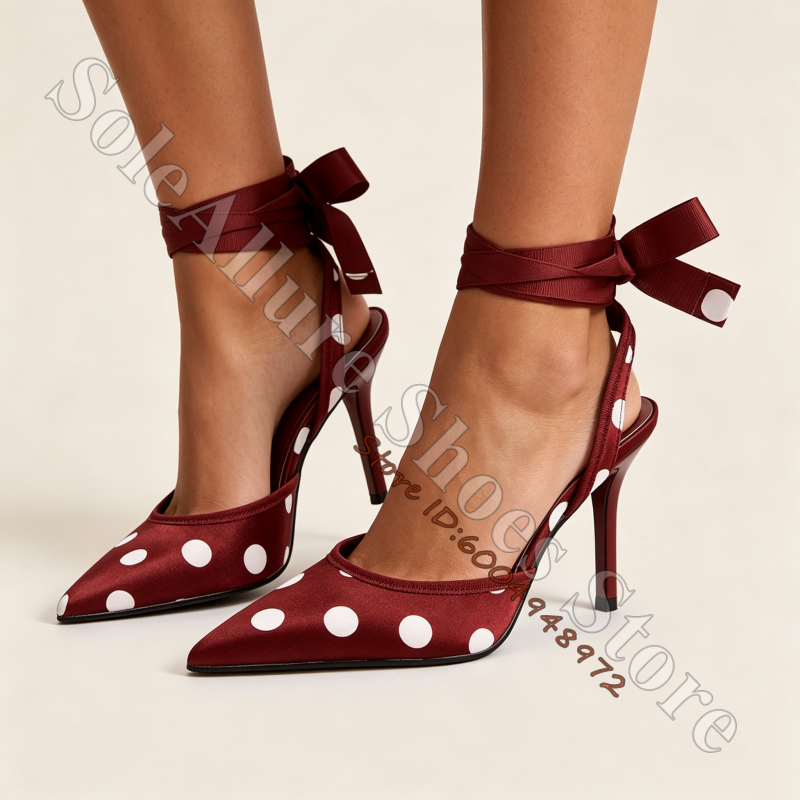 Satin Bow Tie - Satin White Polka Dot Pointed Slingback