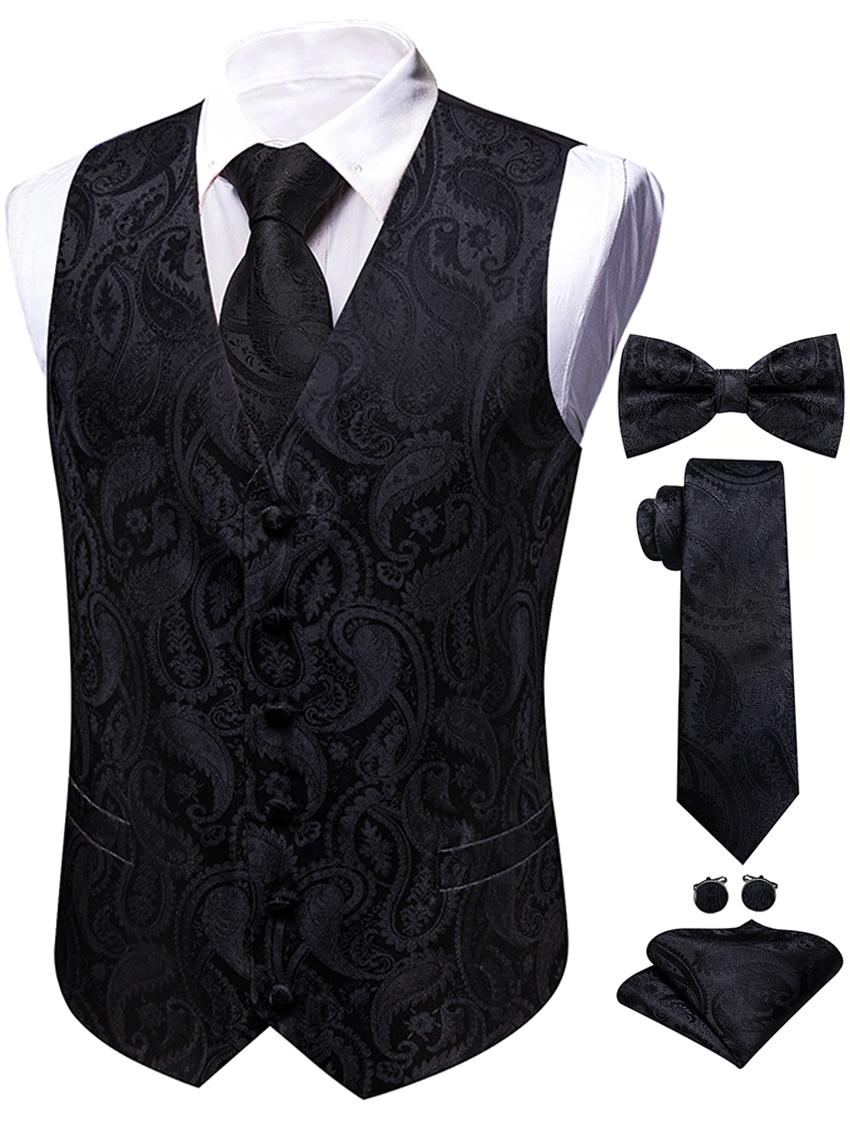 Men Formal Wear Vest - 5PCS Mens Black Paisley Floral Suit