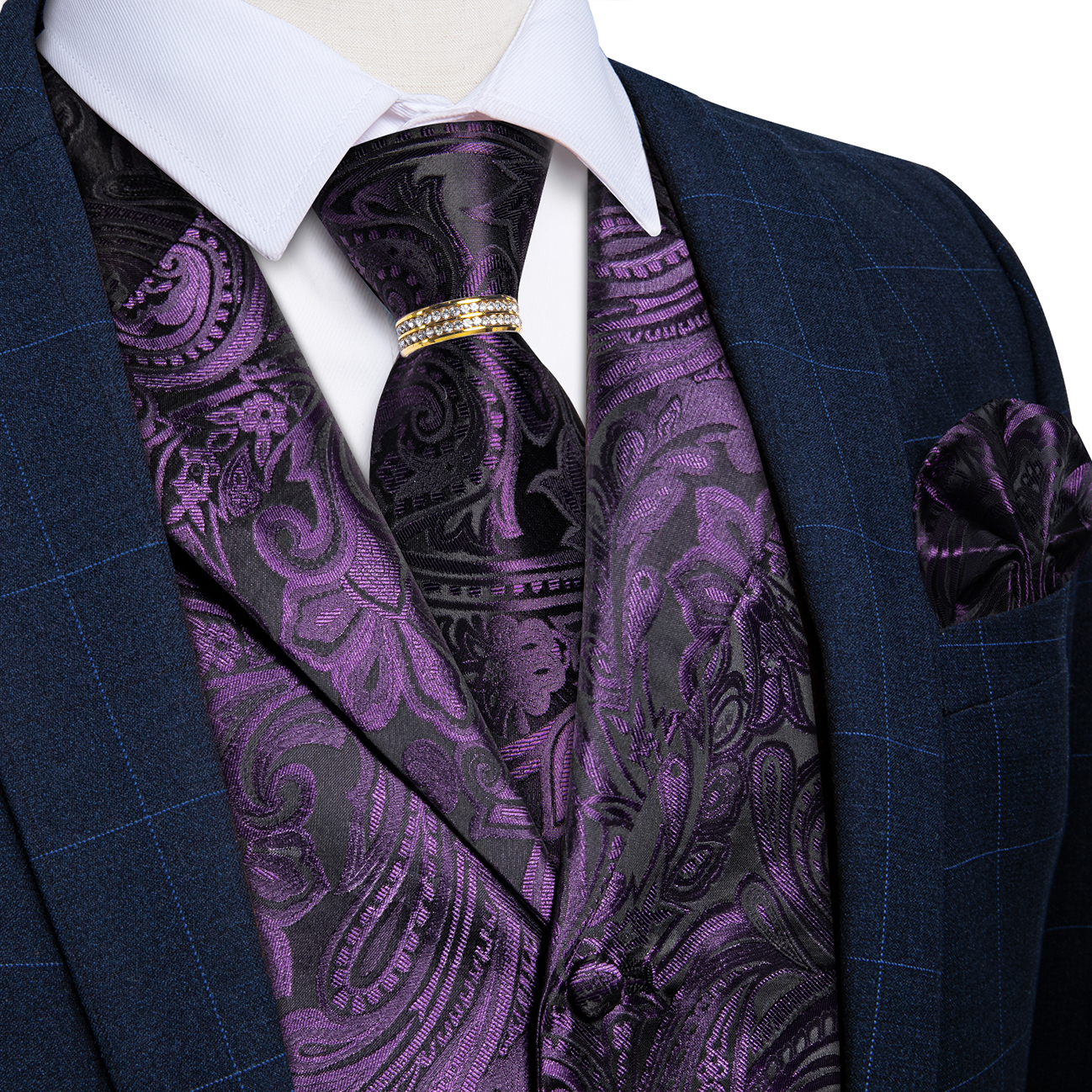 Men Formal Wear Vest - Purple Notch Lapel Paisley Waistcoat Matching