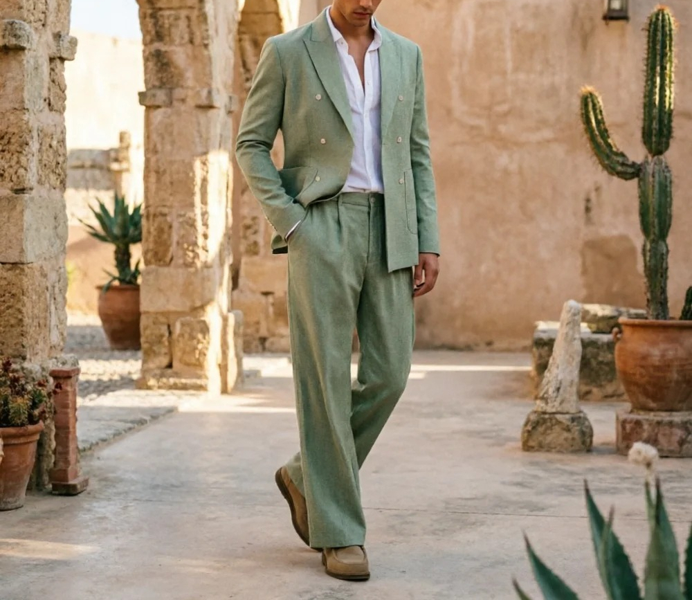 Sage Green Linen Men Suits Rel - Men'S Relaxed Formal Wear avaliação e preço