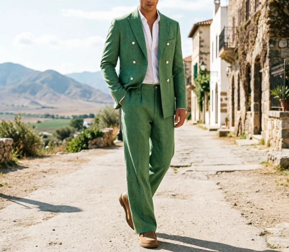 Sage Green Linen Men Suits Rel - Men'S Relaxed Formal Wear avaliação e preço