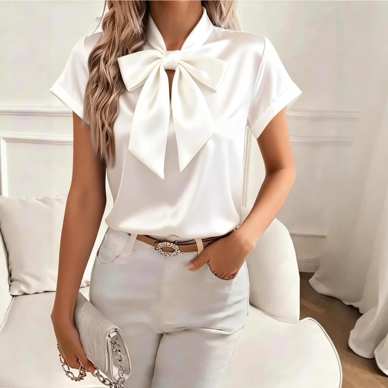 Women Bow Tie Neck Cuffed Shor - Satin Bow Tie avaliação e preço