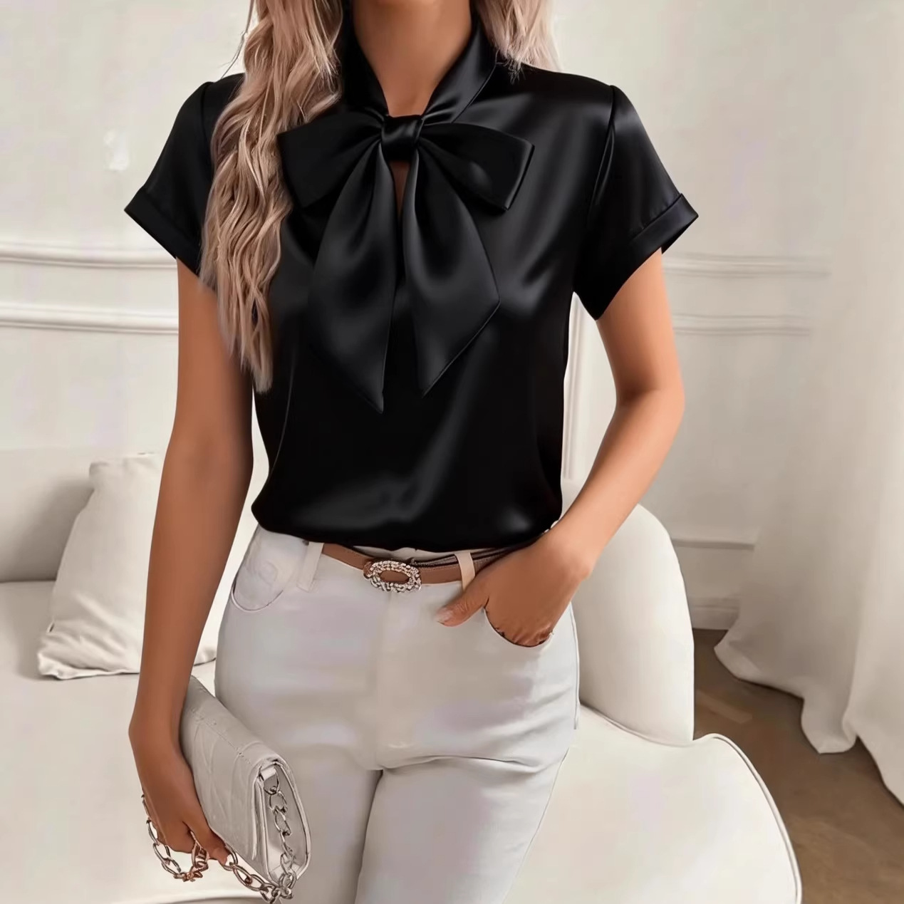 Women Bow Tie Neck Cuffed Shor - Satin Bow Tie avaliação e preço