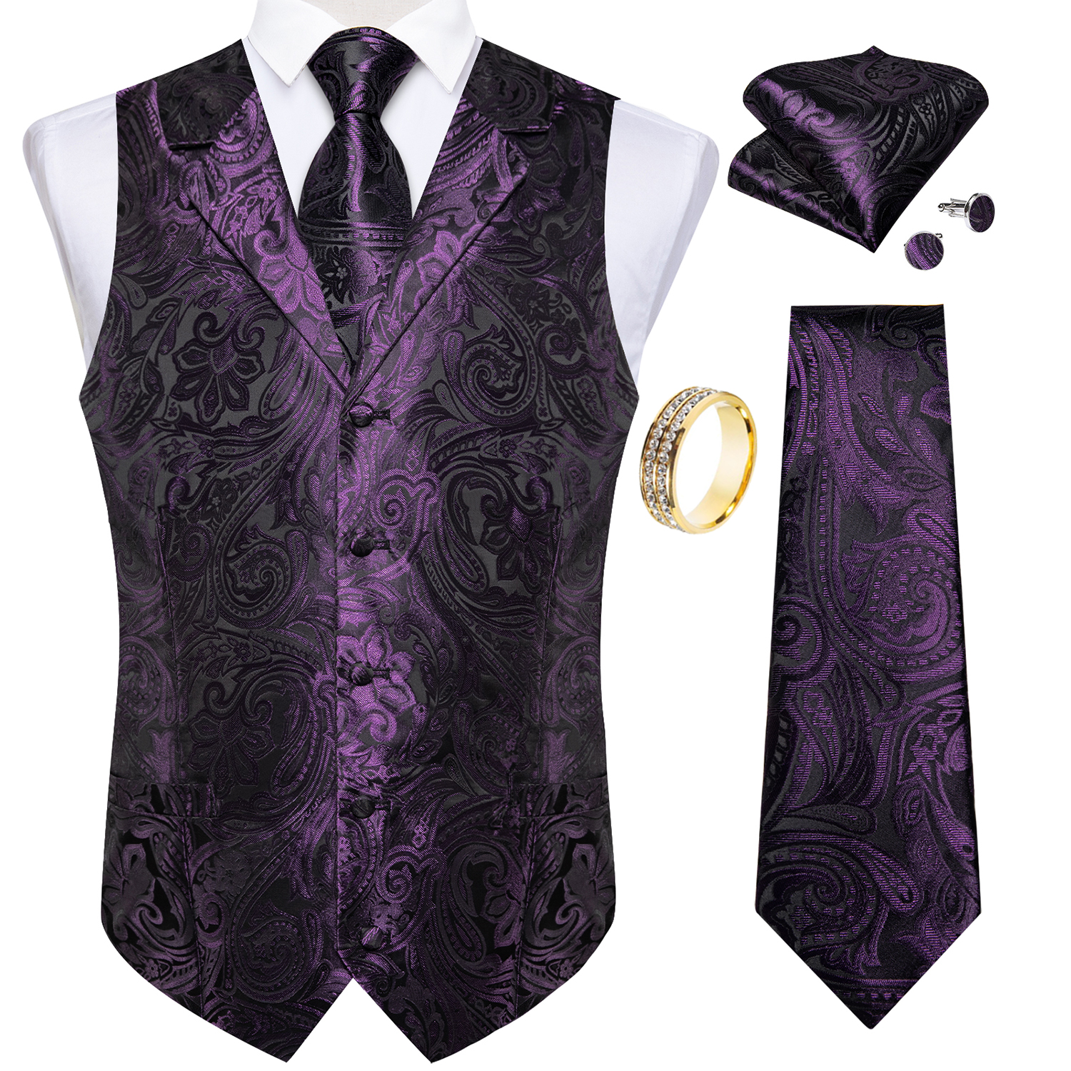 Purple Notch Lapel Paisley Wai - Men Formal Wear Vest avaliação e preço
