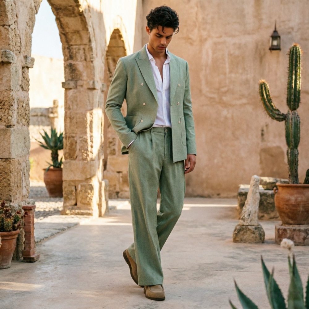 Sage Green Linen Men Suits Rel - Men'S Relaxed Formal Wear avaliação e preço