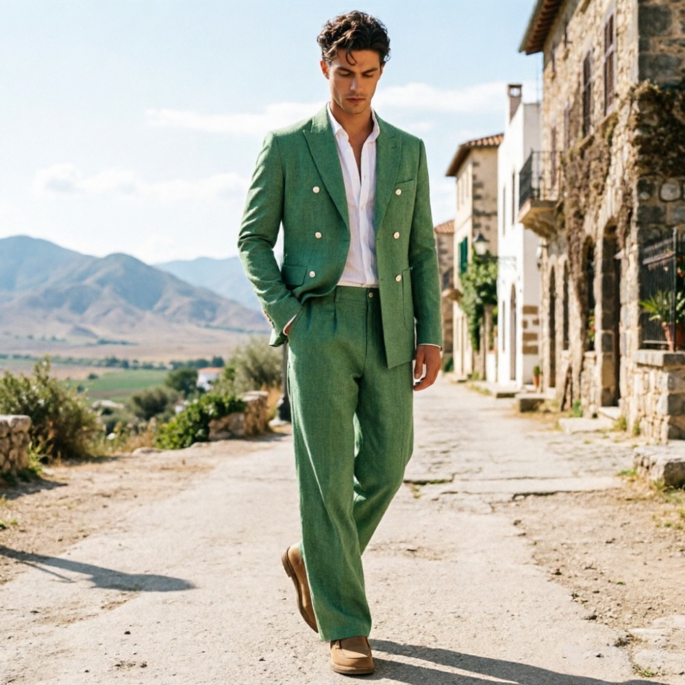Sage Green Linen Men Suits Rel - Men'S Relaxed Formal Wear avaliação e preço